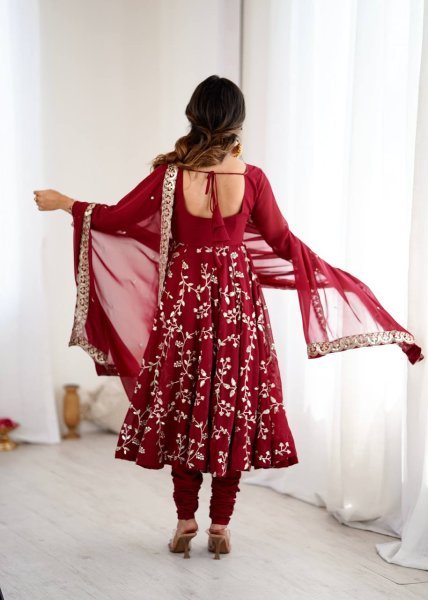 Red Designer Faux Georgette Gown with Embroidery Churidar and Dupatta at Wedding Ceremonies  Ready To Wear Collection