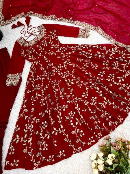 Red Designer Faux Georgette Gown with Embroidery Churidar and Dupatta at Wedding Ceremonies  Ready To Wear Collection