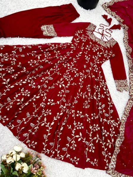 Red Designer Faux Georgette Gown with Embroidery Churidar and Dupatta at Wedding Ceremonies  Ready To Wear Collection