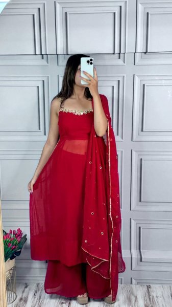 Red Designer Fox Georgette Gown Set with Palazzo Fully Stitched Anarkali Look for Parties Anarkali Kurtis 