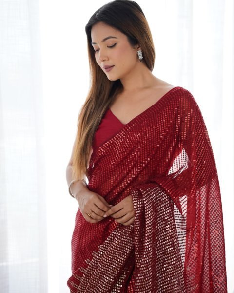 Red Designer Georgette Party Wear Saree with Sequin Embroidery Best Online Collection from Surat Supplier Georgette Sarees Wholesale