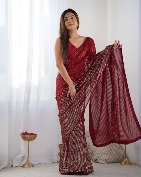 Red Designer Georgette Party Wear Saree with Sequin Embroidery Best Online Collection from Surat Supplier Georgette Sarees Wholesale
