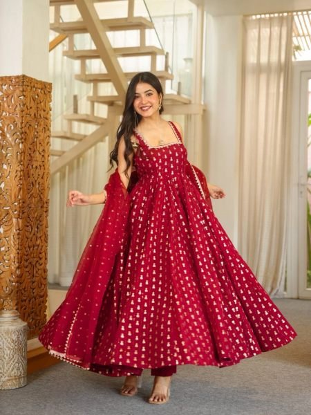 Red Designer Roman Cotton Top Palazzo Dupatta Set with Embroidery at Wholesale Rate Ready To Wear Suit