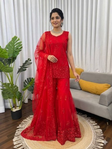 Red Designer Sharara Suit with Heavy Work Dupatta for Party Wear Ready To Wear Suit