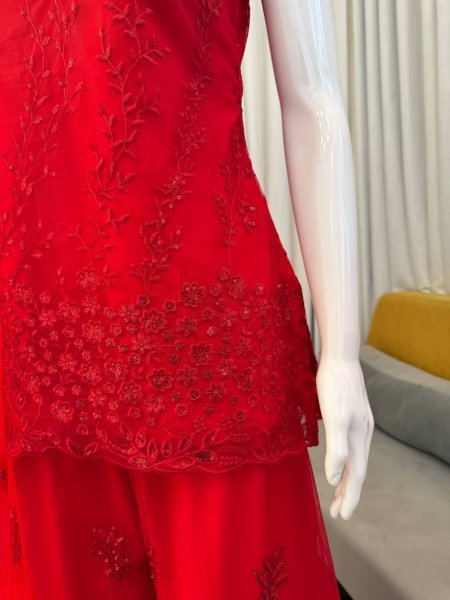 Red Designer Sharara Suit with Heavy Work Dupatta for Party Wear Ready To Wear Collection
