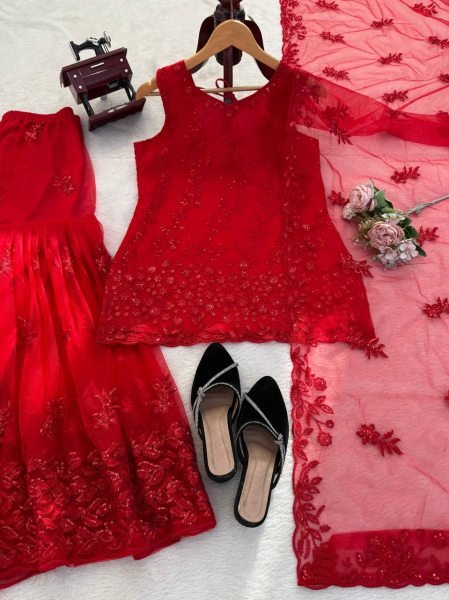 Red Designer Sharara Suit with Heavy Work Dupatta for Party Wear Ready To Wear Collection
