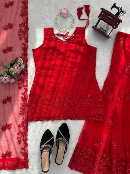 Red Designer Sharara Suit with Heavy Work Dupatta for Party Wear Ready To Wear Collection