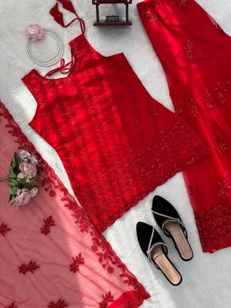 Red Designer Sharara Suit with Heavy Work Dupatta for Party Wear Ready To Wear Collection