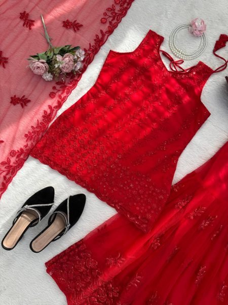 Red Designer Sharara Suit with Heavy Work Dupatta for Party Wear Ready To Wear Collection