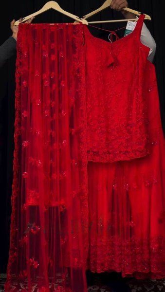 Red Designer Sharara Suit with Heavy Work Dupatta for Party Wear Ready To Wear Collection