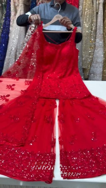 Red Designer Sharara Suit with Heavy Work Dupatta for Party Wear Ready To Wear Collection