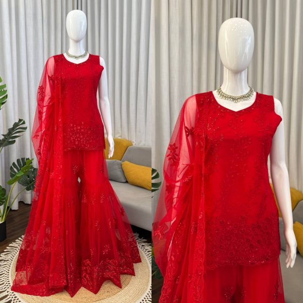 Red Designer Sharara Suit with Heavy Work Dupatta for Party Wear Ready To Wear Collection