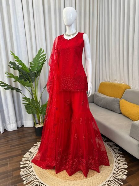 Red Designer Sharara Suit with Heavy Work Dupatta for Party Wear Ready To Wear Collection