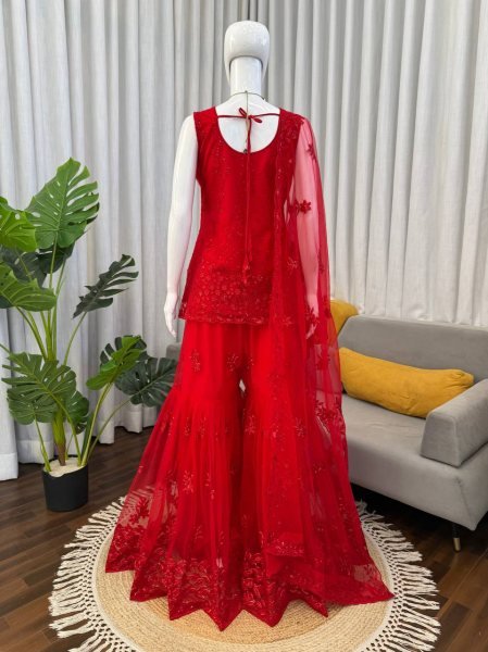 Red Designer Sharara Suit with Heavy Work Dupatta for Party Wear Ready To Wear Collection