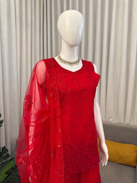 Red Designer Sharara Suit with Heavy Work Dupatta for Party Wear Ready To Wear Collection