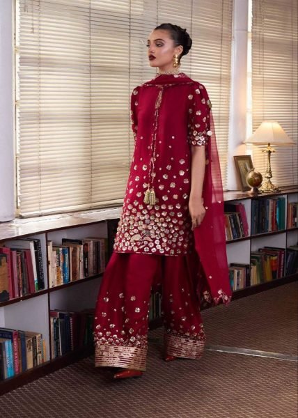 Red Elegance with Gold Accents Roman Silk Palazzo Set with Embroidery   Dupatta Party Ready Ready To Wear Collection