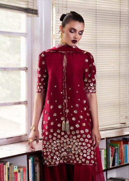 Red Elegance with Gold Accents Roman Silk Palazzo Set with Embroidery   Dupatta Party Ready Ready To Wear Collection