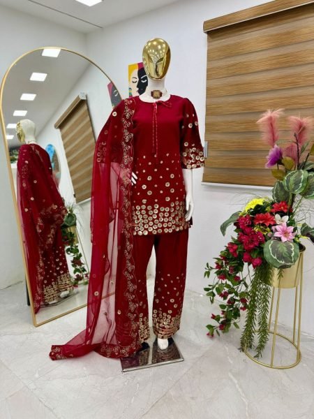 Red Elegance with Gold Accents Roman Silk Palazzo Set with Embroidery   Dupatta Party Ready Ready To Wear Collection