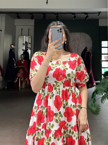 Red Elegant Floral Print Vichitra Silk Frock with Sleeves for Women Kurtis