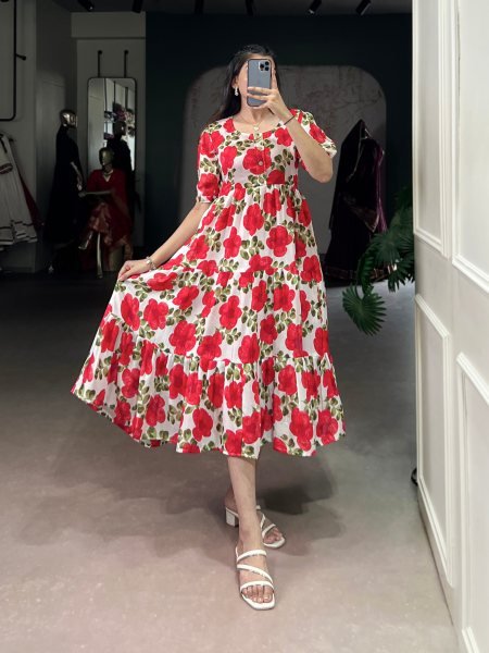 Red Elegant Floral Print Vichitra Silk Frock with Sleeves for Women Cotton Kurtis Wholesale