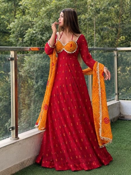 Red Faux Georgette Digital Print Anarkali Suit with Real Mirror Work for Festival 