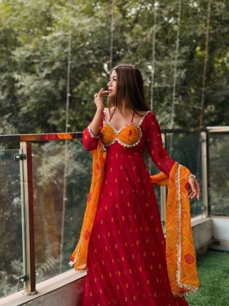 Red Faux Georgette Digital Print Anarkali Suit with Real Mirror Work for Festival Ready To Wear Collection