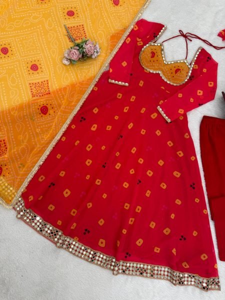 Red Faux Georgette Digital Print Anarkali Suit with Real Mirror Work for Festival Ready To Wear Collection