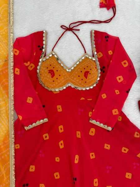 Red Faux Georgette Digital Print Anarkali Suit with Real Mirror Work for Festival Ready To Wear Collection