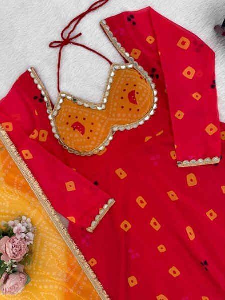 Red Faux Georgette Digital Print Anarkali Suit with Real Mirror Work for Festival Ready To Wear Collection