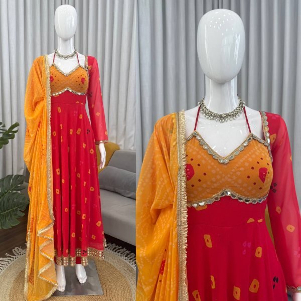 Red Faux Georgette Digital Print Anarkali Suit with Real Mirror Work for Festival Ready To Wear Collection