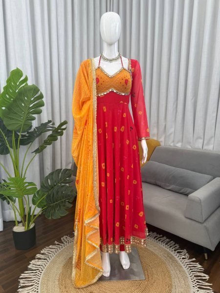 Red Faux Georgette Digital Print Anarkali Suit with Real Mirror Work for Festival Ready To Wear Collection
