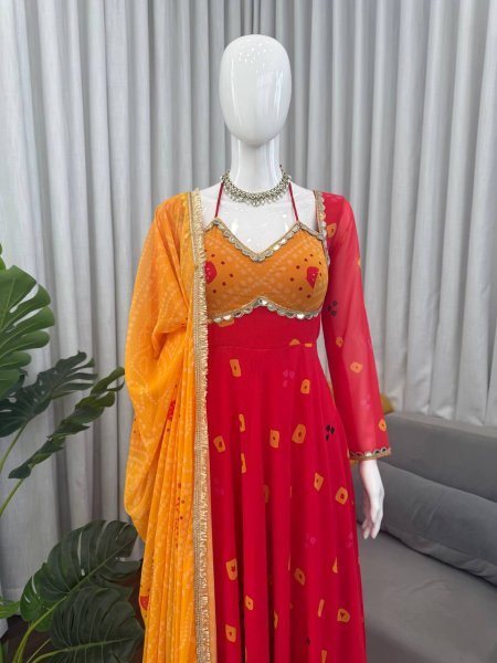 Red Faux Georgette Digital Print Anarkali Suit with Real Mirror Work for Festival Ready To Wear Collection