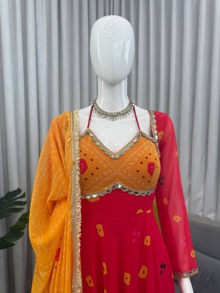 Red Faux Georgette Digital Print Anarkali Suit with Real Mirror Work for Festival Ready To Wear Collection