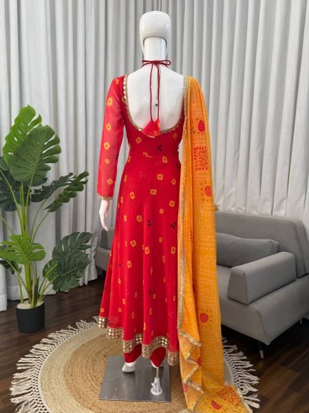 Red Faux Georgette Digital Print Anarkali Suit with Real Mirror Work for Festival Ready To Wear Collection