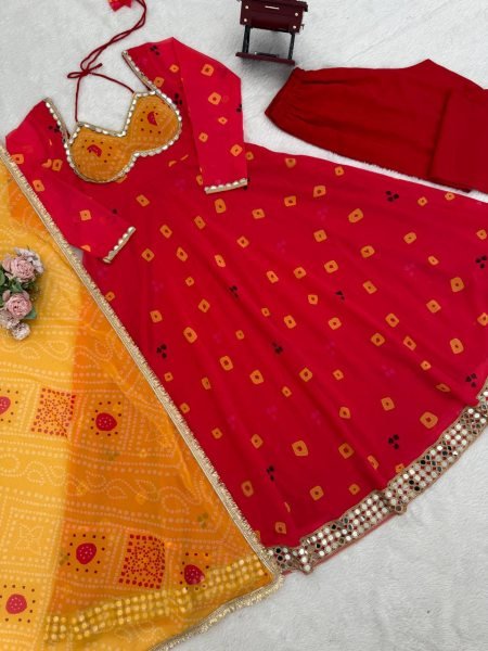 Red Faux Georgette Digital Print Anarkali Suit with Real Mirror Work for Festival Ready To Wear Collection