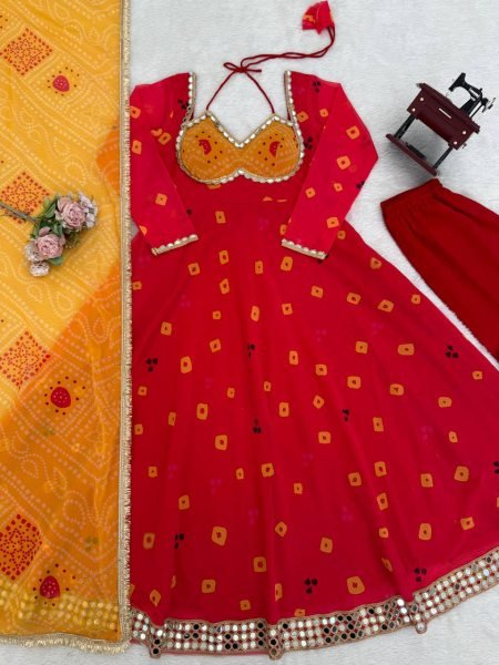 Red Faux Georgette Digital Print Anarkali Suit with Real Mirror Work for Festival Ready To Wear Collection