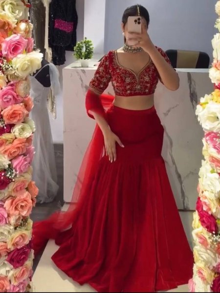 Red Faux Georgette Lehenga Choli With Sequence Work Boutique Collections   Bollywood Lehenga Choli