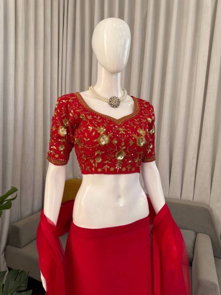 Red Faux Georgette Lehenga Choli With Sequence Work Boutique Collections   Bollywood Lehenga Choli