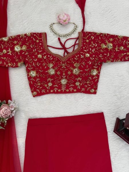 Red Faux Georgette Lehenga Choli With Sequence Work Boutique Collections   Bollywood Lehenga Choli