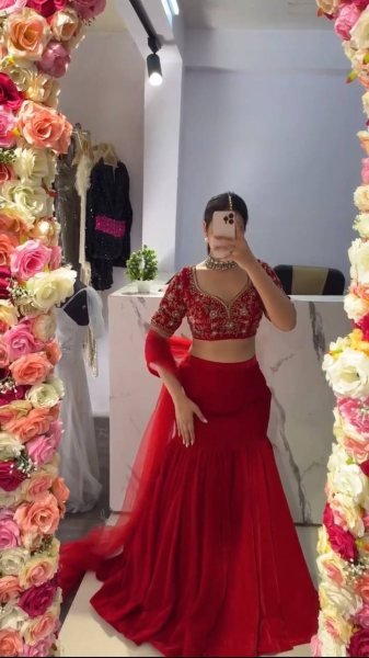 Red Faux Georgette Lehenga Choli With Sequence Work Boutique Collections   Bollywood Lehenga Choli