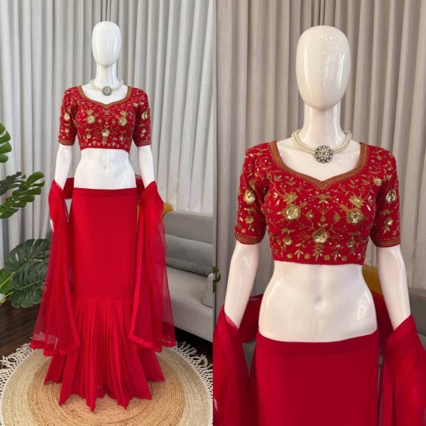 Red Faux Georgette Lehenga Choli With Sequence Work Boutique Collections   Bollywood Lehenga Choli