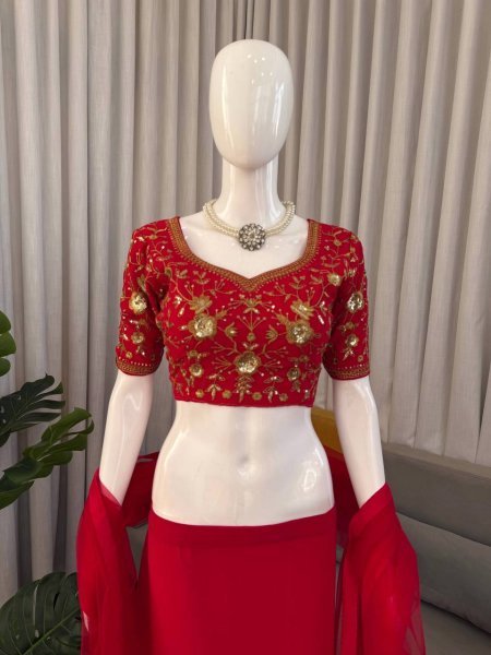 Red Faux Georgette Lehenga Choli With Sequence Work Boutique Collections   Bollywood Lehenga Choli