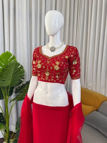 Red Faux Georgette Lehenga Choli With Sequence Work Boutique Collections   Bollywood Lehenga Choli