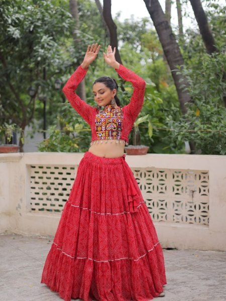 Red Faux Georgette Lehenga with Gamthi Embroidery Blouse Flared Navratri Chaniya Choli 
