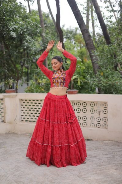 Red Faux Georgette Lehenga with Gamthi Embroidery Blouse Flared Navratri Chaniya Choli Navratri Collection