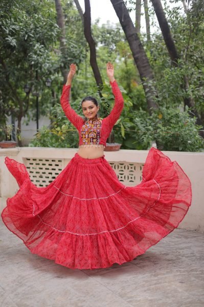 Red Faux Georgette Lehenga with Gamthi Embroidery Blouse Flared Navratri Chaniya Choli Navratri Collection