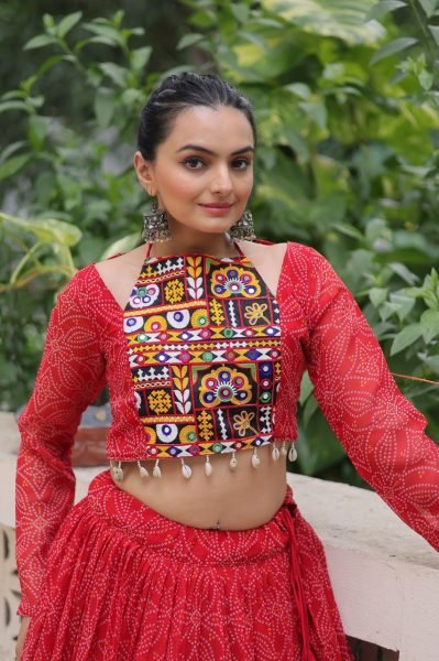 Red Faux Georgette Lehenga with Gamthi Embroidery Blouse Flared Navratri Chaniya Choli Navratri Collection