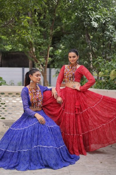 Red Faux Georgette Lehenga with Gamthi Embroidery Blouse Flared Navratri Chaniya Choli Navratri Collection