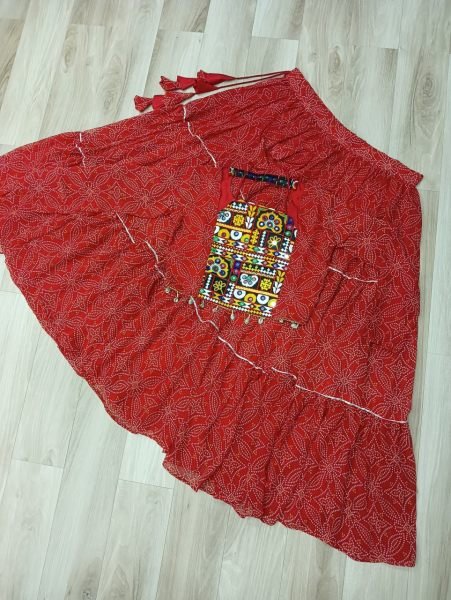 Red Faux Georgette Lehenga with Gamthi Embroidery Blouse Flared Navratri Chaniya Choli Navratri Collection