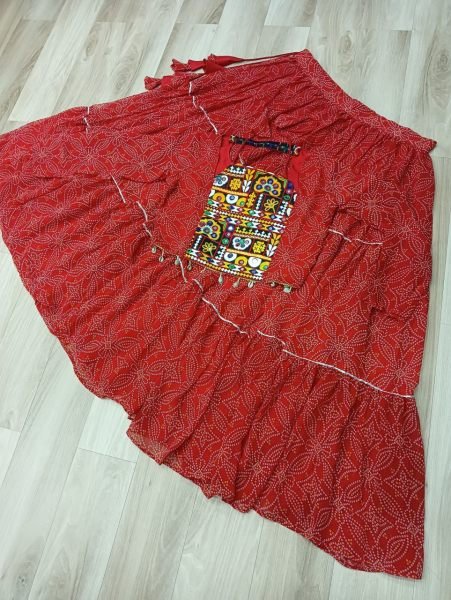 Red Faux Georgette Lehenga with Gamthi Embroidery Blouse Flared Navratri Chaniya Choli Navratri Collection